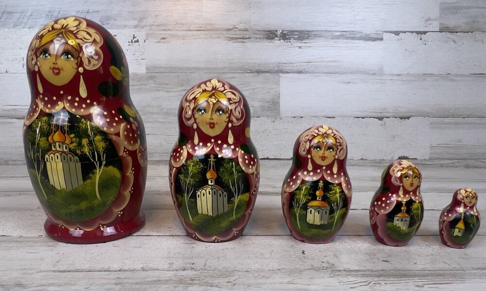 Russian Matryoshka Nesting Dolls Set 5 Hand Painted Wood Church 6" Folk Art